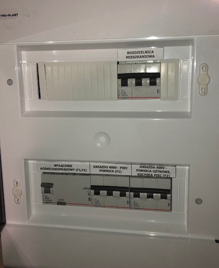 Nowa rozdzielnica założona na instalację siłową w piwnicy budynku jednorodzinnego.