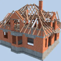 Wizualizacja 3D domu w trakcie budowy, z widoczną konstrukcją dachu z drewnianych belek i ceglanymi ścianami bez okien, na fundamencie z betonu.