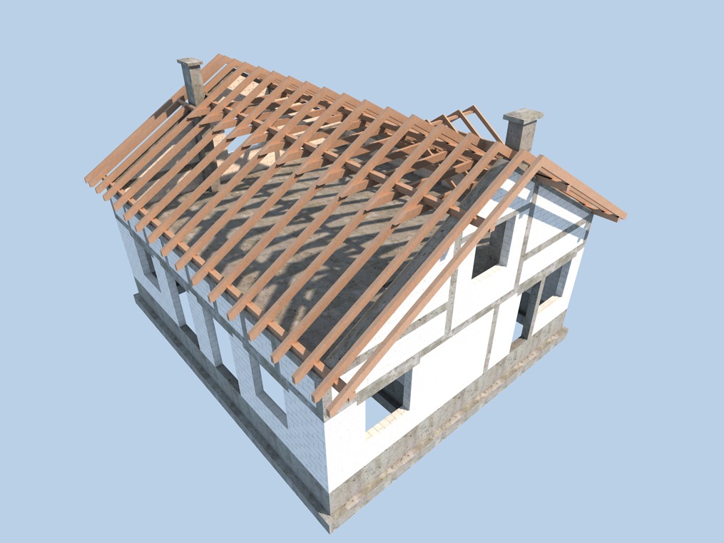 Wizualizacja 3D domu jednorodzinnego w trakcie budowy, widoczne ściany z pustaków, betonowa podmurówka, drewniana konstrukcja dachu z kominami, ujęcie z góry pod kątem.