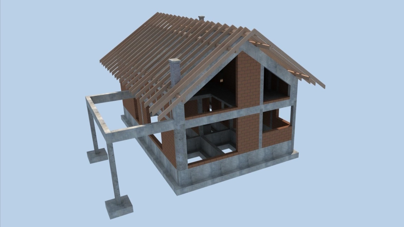 Wizualizacja 3D domu w trakcie budowy: surowy stan z widoczną konstrukcją dachu, murem z cegły i betonowym szkieletem, prezentowana na jasnym tle.