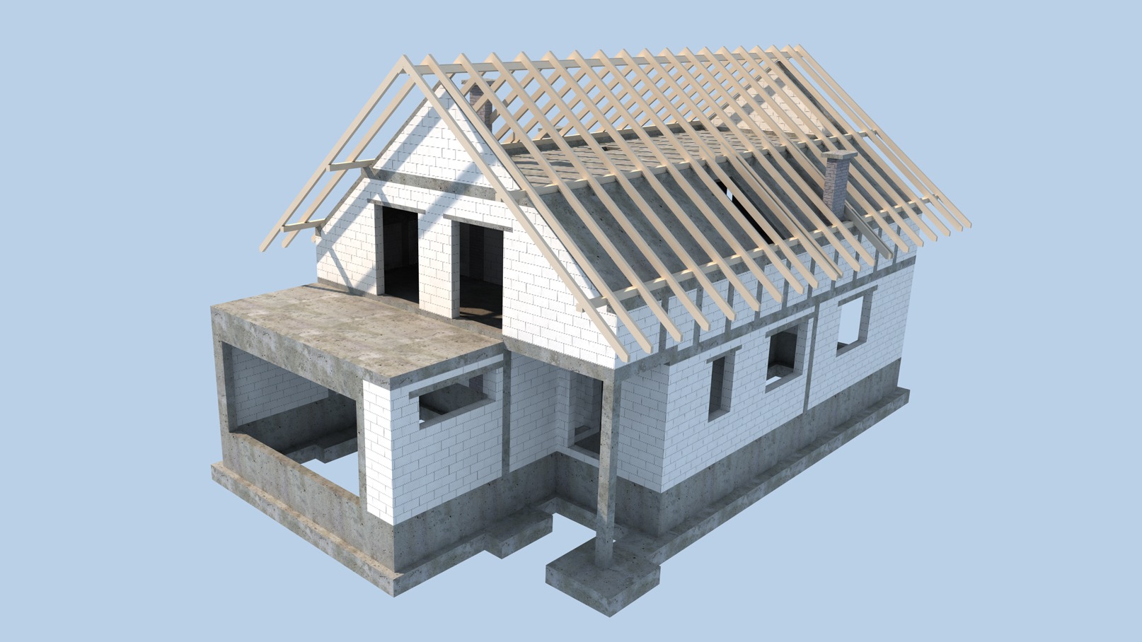 Wizualizacja 3D domu jednorodzinnego w trakcie budowy, z widoczną konstrukcją dachu, ścianami z białego bloczka i betonowym fundamentem oraz zadaszonym tarasem.