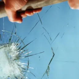 Rozbita szyba z widocznymi pęknięciami i odłamkami, uderzona młotkiem trzymanym w dłoniach na tle błękitnego nieba.