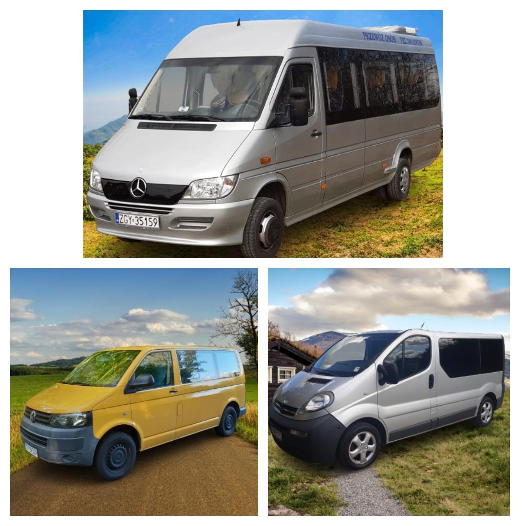 Kompozycja trzech zdjęć: srebrny bus Mercedes z numerem rejestracyjnym ZGY-35159 na tle wzgórz, żółty Volkswagen Transporter na drodze wśród pól, oraz srebrny Opel Vivaro na tle krajobrazu z domem.