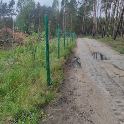 Przedsiębiorstwo Usługowe MAX Wojciech Daniluk - Siatka ogrodzeniowa z zielonymi słupkami wzdłuż polnej drogi, otoczona lasem. Widoczne kałuże na drodze i świeża zieleń. Ujęcie z perspektywy gruntu.
