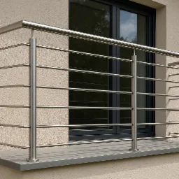 Nowoczesna balustrada balkonowa ze stali nierdzewnej, z poziomymi prętami, na tle okna i beżowej elewacji. Minimalistyczny design, precyzyjne wykonanie.