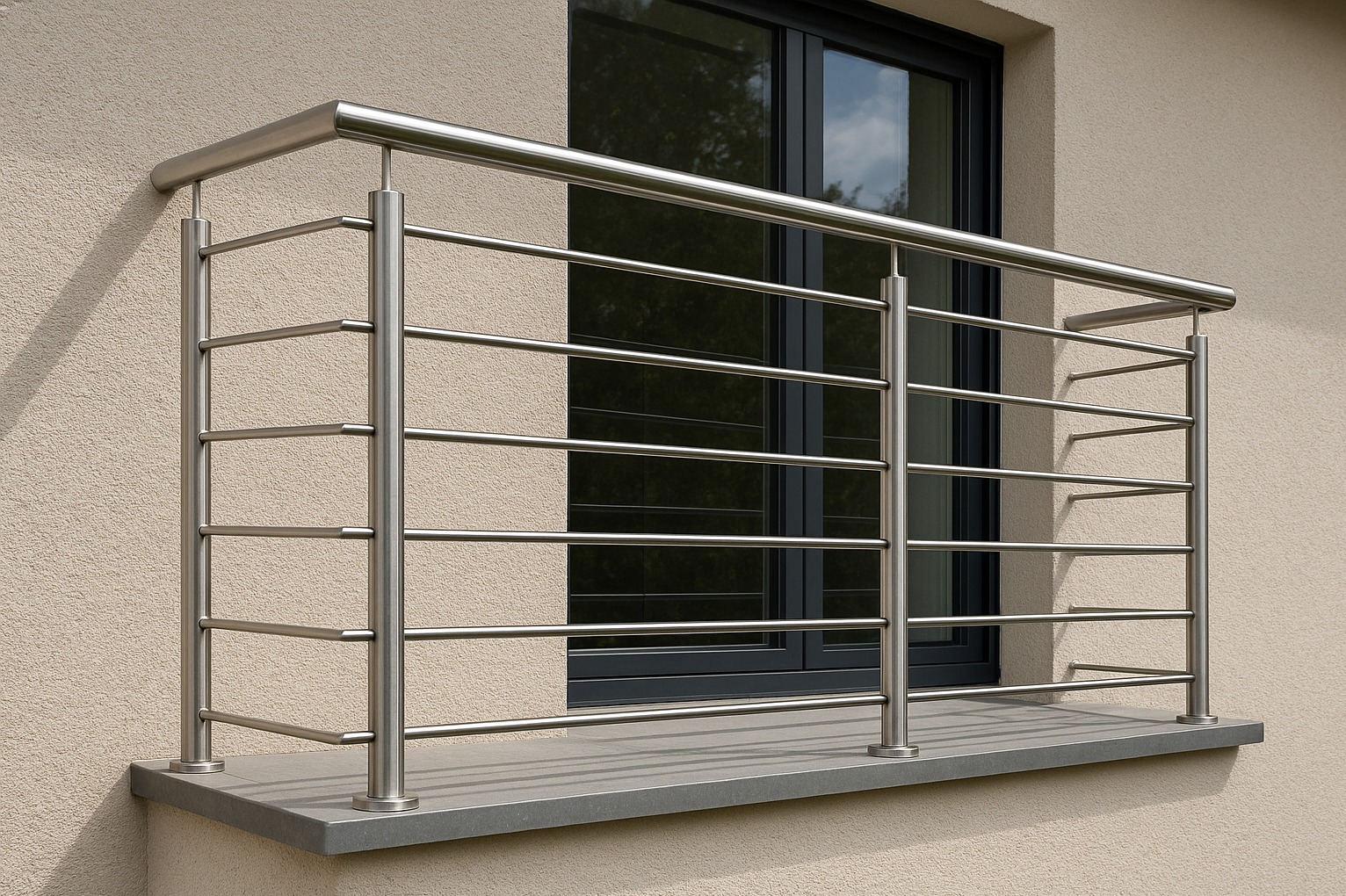 Nowoczesna balustrada balkonowa ze stali nierdzewnej, z poziomymi prętami, na tle okna i beżowej elewacji. Minimalistyczny design, precyzyjne wykonanie.