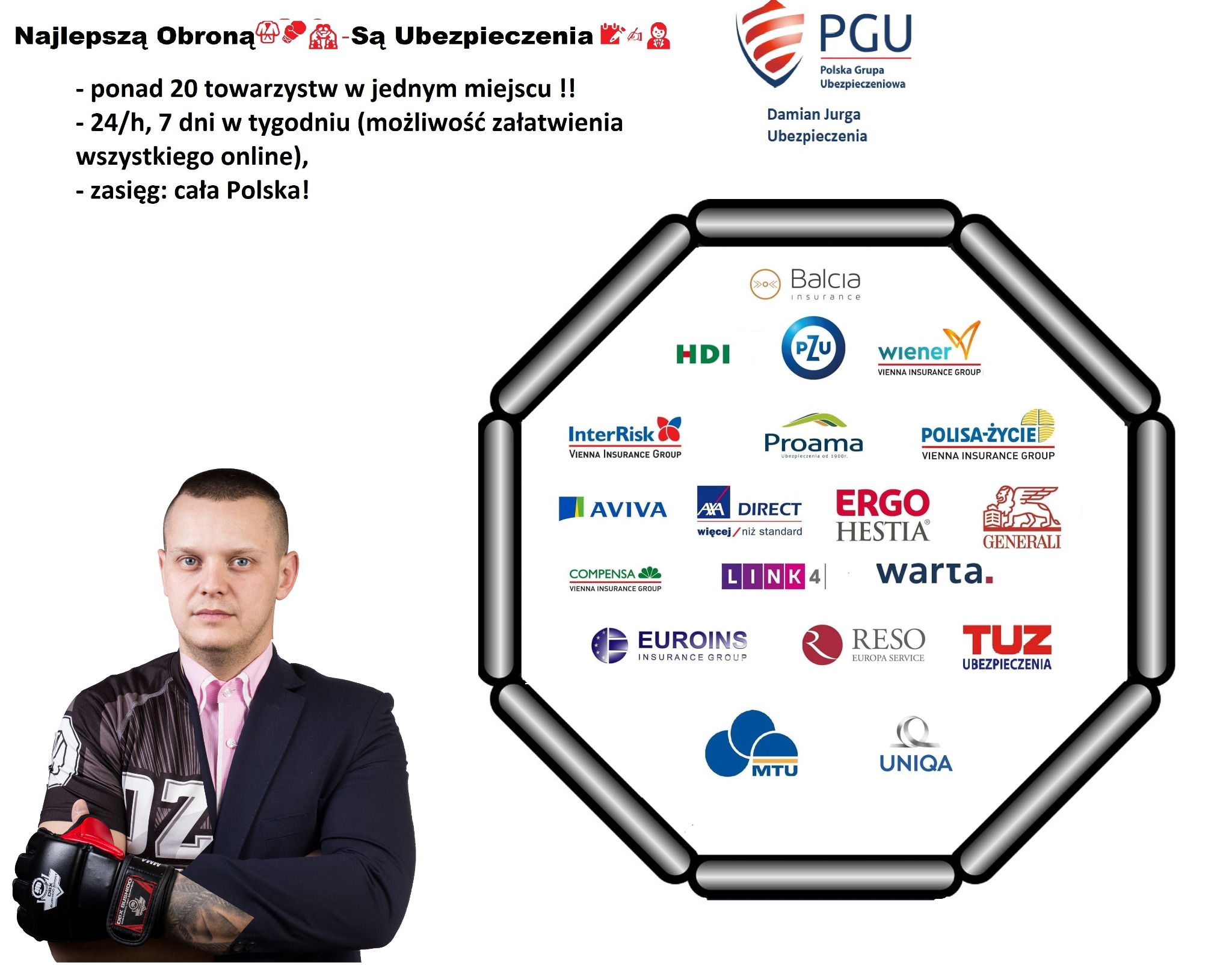 Mężczyzna w stroju sportowym i marynarce prezentuje ofertę ubezpieczeń różnych firm, których logotypy umieszczono w ośmiokątnej ramie.