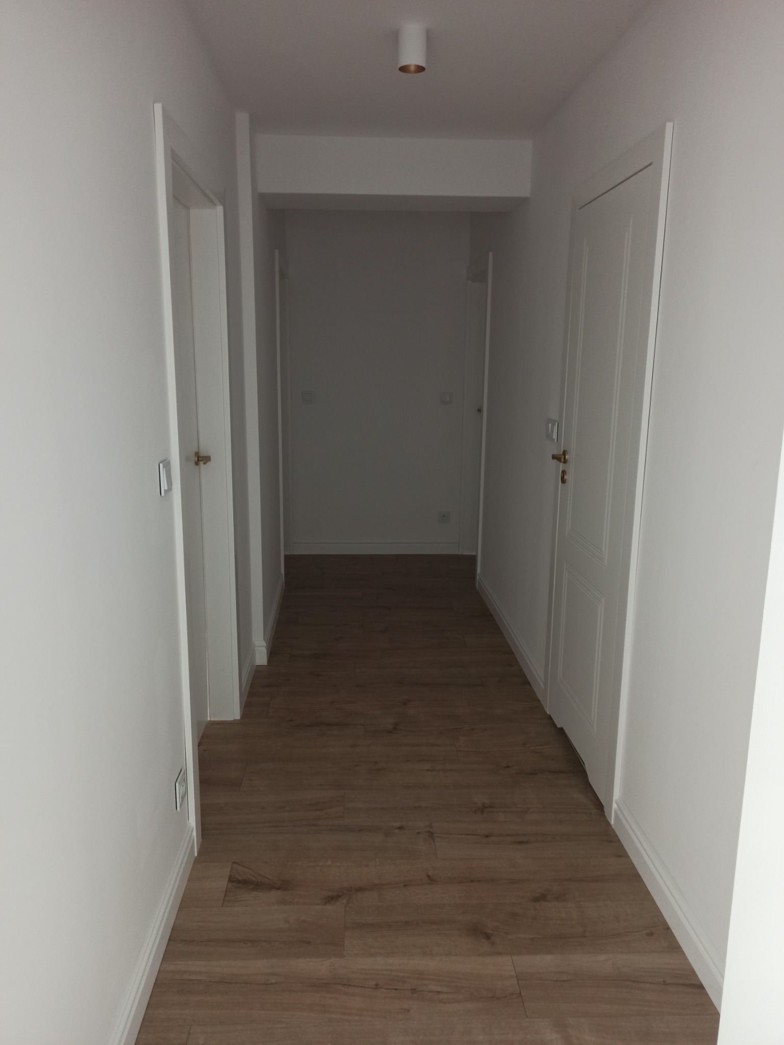 Korytarz z nową podłogą z paneli drewnopodobnych, świeżo pomalowane białe ściany i drzwi z delikatnymi listwami przypodłogowymi, widoczna lampa sufitowa.