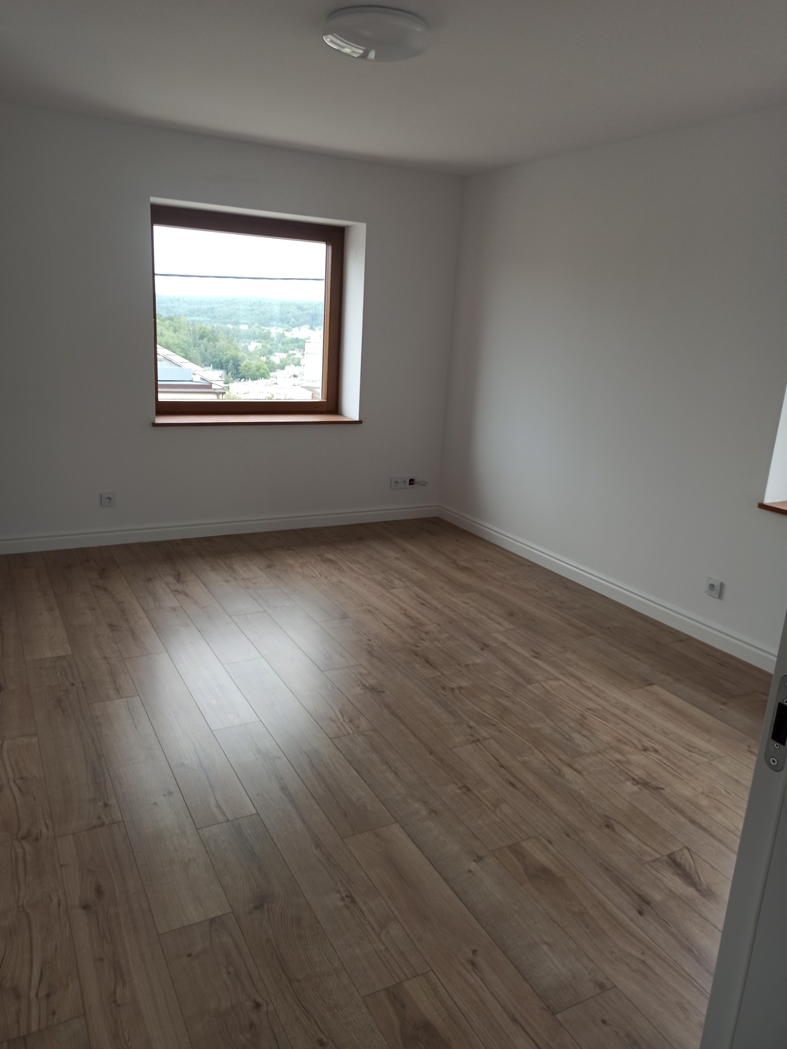 Pusty pokój z panelami podłogowymi o barwie naturalnego drewna, białymi ścianami, listwami przypodłogowymi i oknem z widokiem na miasto w tle.