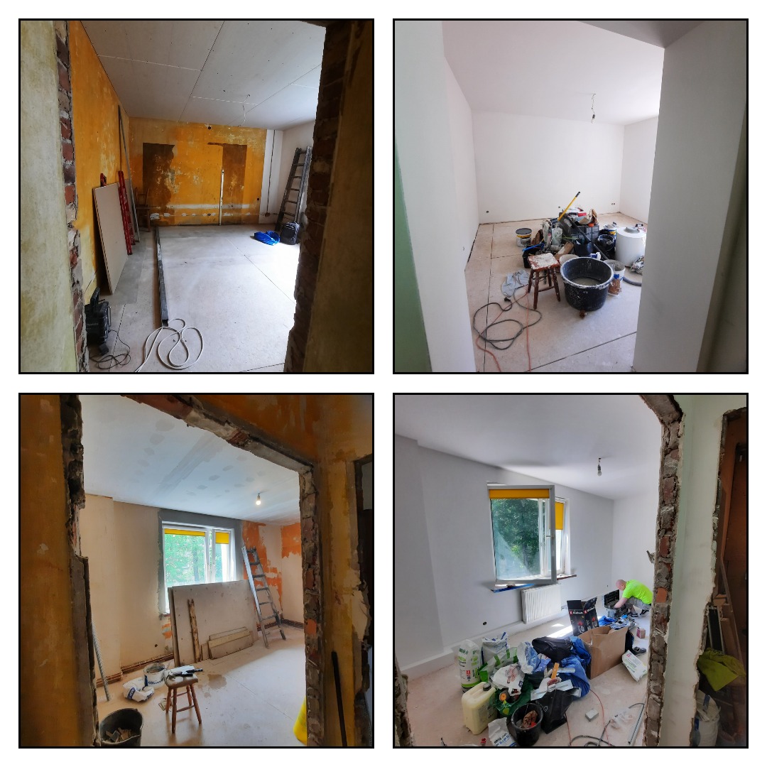 Cztery kadry z remontowanego mieszkania: od pokoju z surowymi ścianami i resztkami starej farby, po pokój po malowaniu na biało, z widocznym bałaganem i narzędziami pracy.