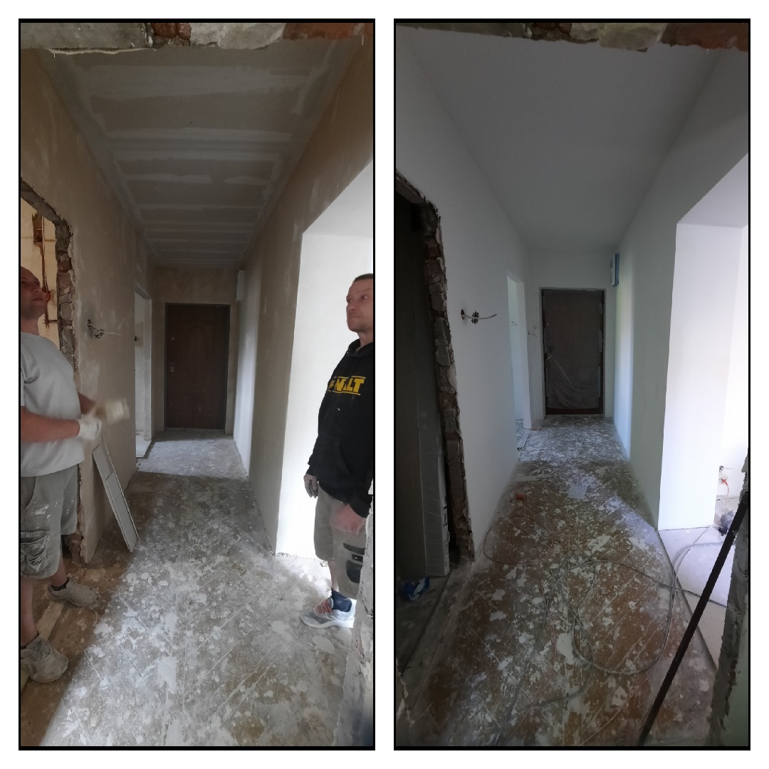 Korytarz w trakcie prac wykończeniowych: po lewej szpachlowanie ścian i sufitu, po prawej efekt po malowaniu na biało, widoczne ślady farby na podłodze.
