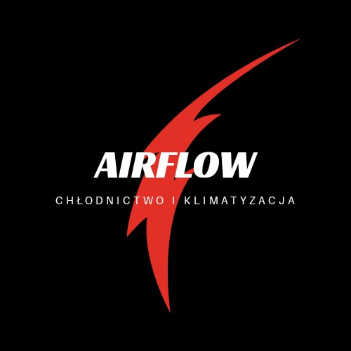 Logo firmy Airflow Chłodnictwo i Klimatyzacja na czarnym tle z czerwonym symbolem przypominającym błyskawicę.