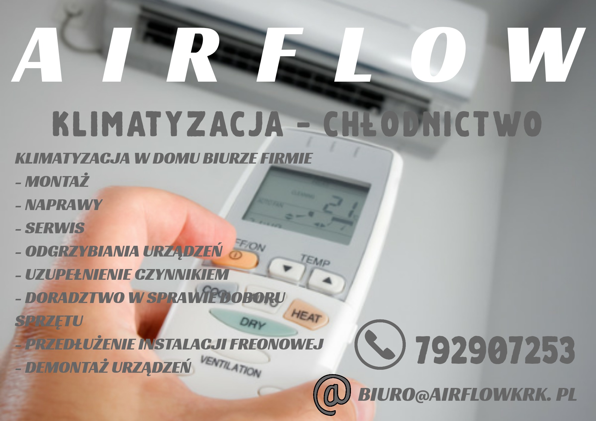 Reklama firmy: klimatyzator na ścianie w tle, w dłoni pilot z widoczną temperaturą, numer telefonu i adres e-mail firmy na pierwszym planie.
