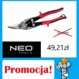 Nożyce do blachy NEO Tools z czerwoną rękojeścią na białym tle, przekreślona cena 54,69 zł i aktualna cena promocyjna 49,21 zł, logo NEO Tools i napis Promocja!