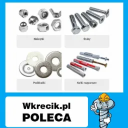Prezentacja różnych elementów złącznych: nakrętki, śruby, podkładki i kołki rozporowe, z logo sklepu Wkrecik.pl.