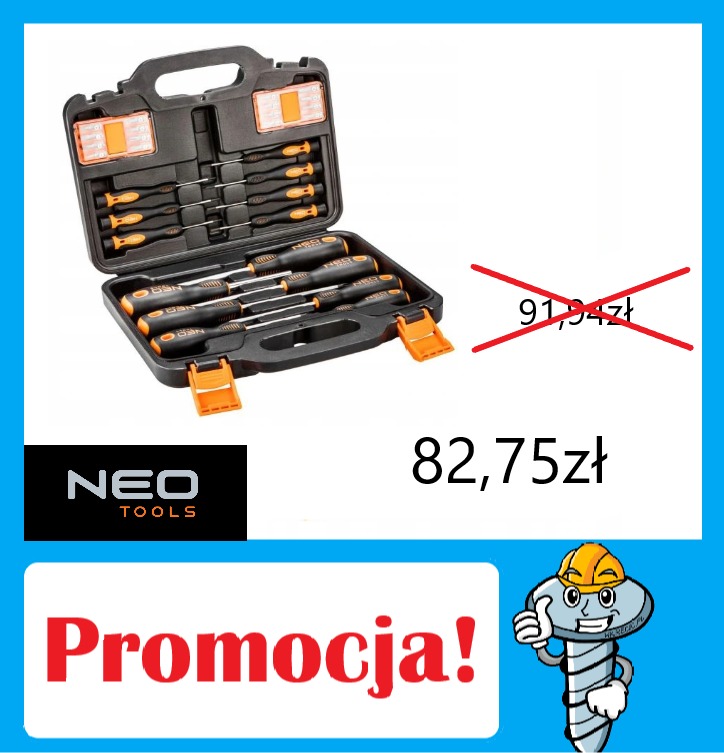 Zestaw wkrętaków Neo Tools w czarnej walizce z pomarańczowymi elementami, prezentowany na białym tle z informacją o promocji i cenie 82,75 zł.