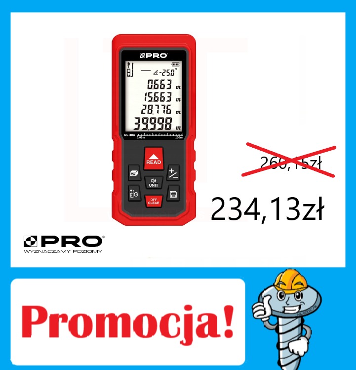 Czerwony laserowy miernik odległości PRO DL-40X wyświetlający odczyt 39.998m, z przekreśloną ceną 266,15 zł i promocyjną ceną 234,13 zł, obok logo firmy PRO i napisu 'Promocja!'