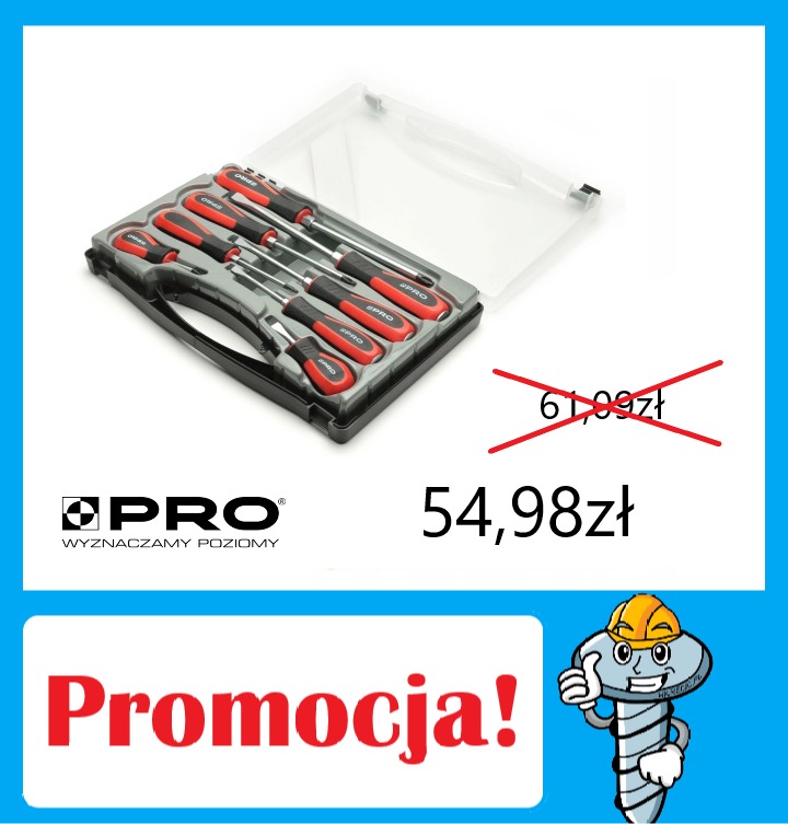 Zestaw wkrętaków marki PRO z czerwono-czarnymi rękojeściami, umieszczony w czarnej walizce z przezroczystą pokrywą, widoczna cena promocyjna 54,98 zł i przekreślona cena 61,09 zł, logo marki PRO...