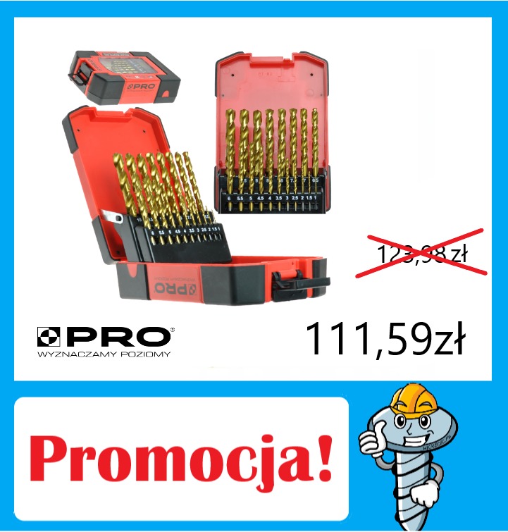 Zestaw wierteł do metalu marki PRO w czerwono-czarnej obudowie, prezentowany w dwóch ujęciach z widoczną promocją cenową i napisem 'Promocja!' na niebieskim tle.