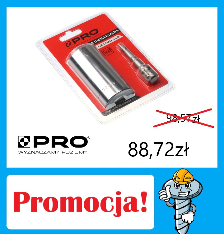 Zestaw uniwersalnych nasadek PRO WK-CRMO-NU-B w przezroczystym opakowaniu na czerwonym tle, prezentowany z informacją o obniżonej cenie i napisem 'Promocja!' na niebieskim tle.