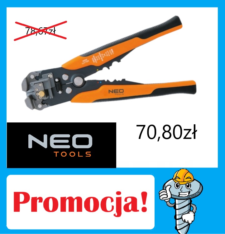 Szczypce do ściągania izolacji NEO Tools z pomarańczowo-czarną rękojeścią na białym tle, obok logo firmy i informacja o promocji z ceną 70,80 zł.