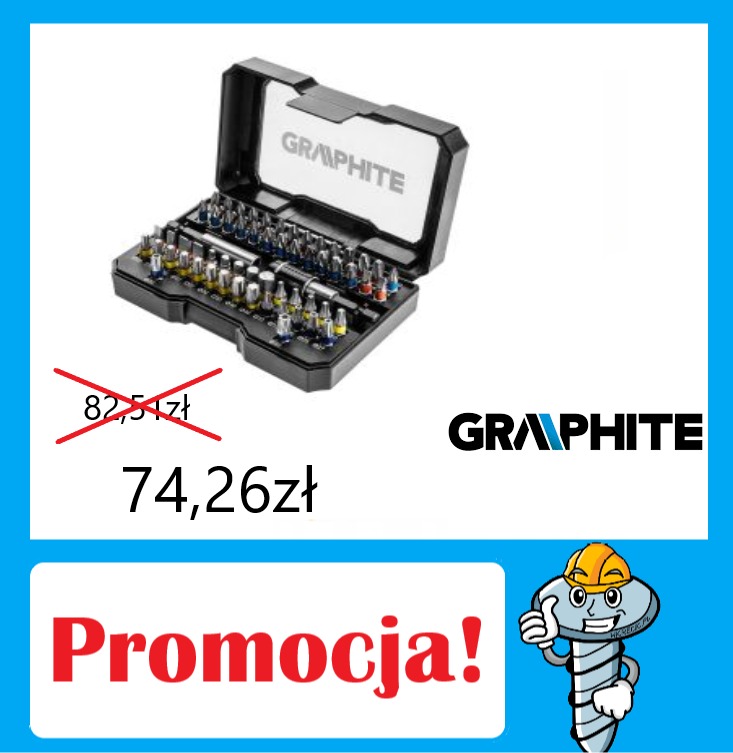 Zestaw bitów Graphite w czarnym pudełku, widoczna cena promocyjna 74,26 zł, przekreślona stara cena 82,54 zł, logo Graphite, napis Promocja! oraz rysunek śruby w kasku.