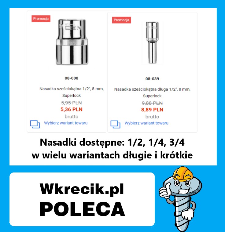 Porównanie cen dwóch nasadek sześciokątnych Superlock: standardowej i długiej, z informacją o dostępności różnych rozmiarów, oferta sklepu Wkrecik.pl.