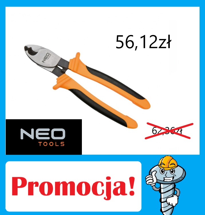 Kombinerki tnące Neo Tools z pomarańczowo-czarnymi rękojeściami, cena promocyjna 56,12 zł, obok logo firmy i rysunek śruby z kaskiem dającej kciuk w górę.