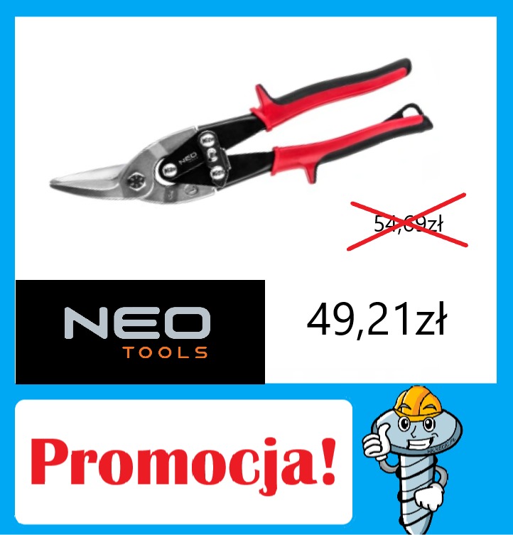 Nożyce do blachy NEO Tools z czerwoną rękojeścią na białym tle, przekreślona cena 54,69 zł i aktualna cena promocyjna 49,21 zł, logo NEO Tools i napis Promocja!