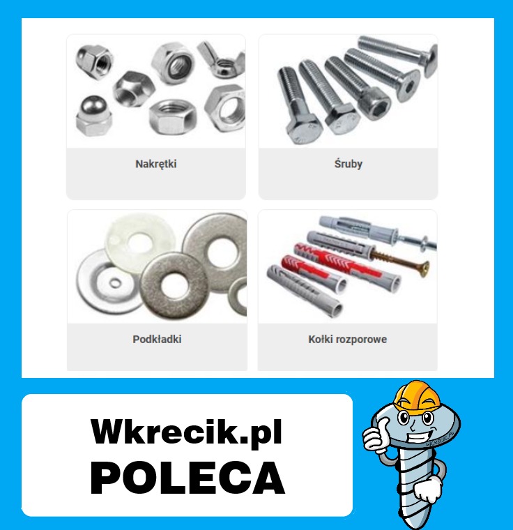 Prezentacja różnych elementów złącznych: nakrętki, śruby, podkładki i kołki rozporowe, z logo sklepu Wkrecik.pl.