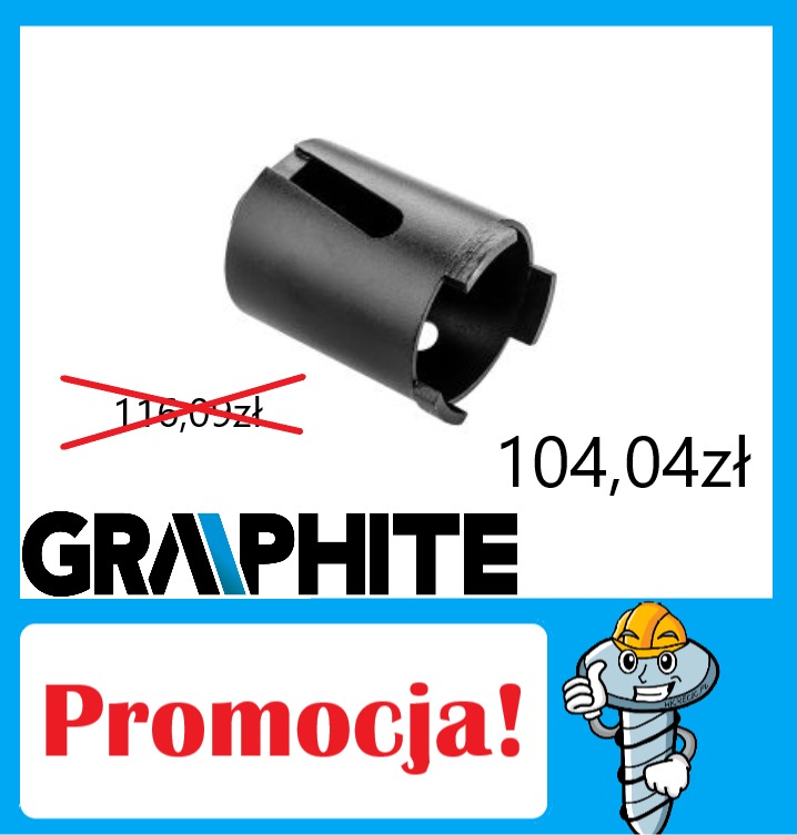 Czarna otwornica Graphite w promocji, cena obniżona ze 116,09 zł na 104,04 zł, na jasnoniebieskim tle z logiem firmy i rysunkową postacią śruby w kasku.