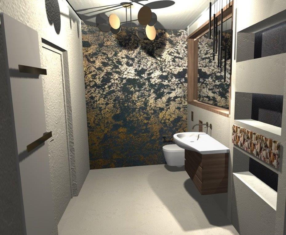 Wizualizacja łazienki z toaletą, umywalką z szafką z ciemnego drewna, dekoracyjną ścianą w odcieniach złota i czerni oraz oświetleniem punktowym