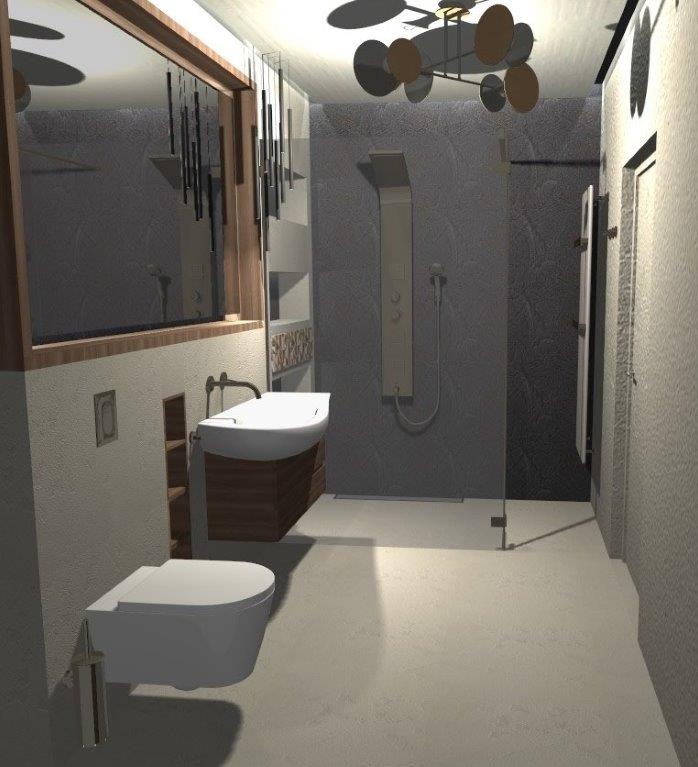 Wizualizacja łazienki z wiszącą toaletą, umywalką nablatową na szafce z drewna, prysznicem panelowym i dużym lustrem z oświetleniem