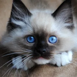 Portret uroczego kociaka rasy Ragdoll o intensywnie niebieskich oczach, opierającego pyszczek na łapkach na brązowym tle.