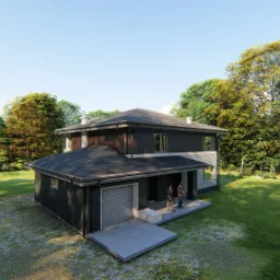 Wizualizacja dwukondygnacyjnego domu z garażem w Ostrzeszowie, otoczonego zielenią, z dwiema postaciami na ganku.