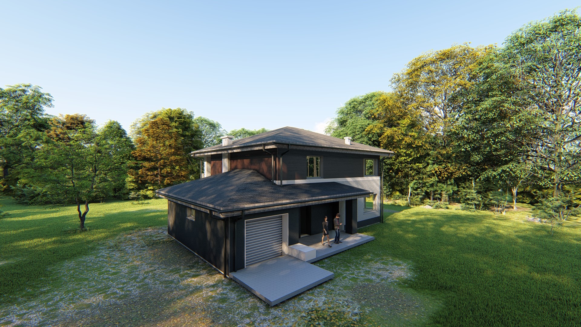 Wizualizacja dwukondygnacyjnego domu z garażem w Ostrzeszowie, otoczonego zielenią, z dwiema postaciami na ganku.