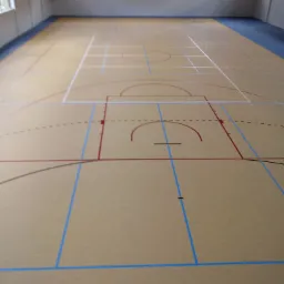 Sala gimnastyczna z jasną podłogą i liniami boiska w kolorach białym, czerwonym i niebieskim, widoczne okna w górnej części ściany.