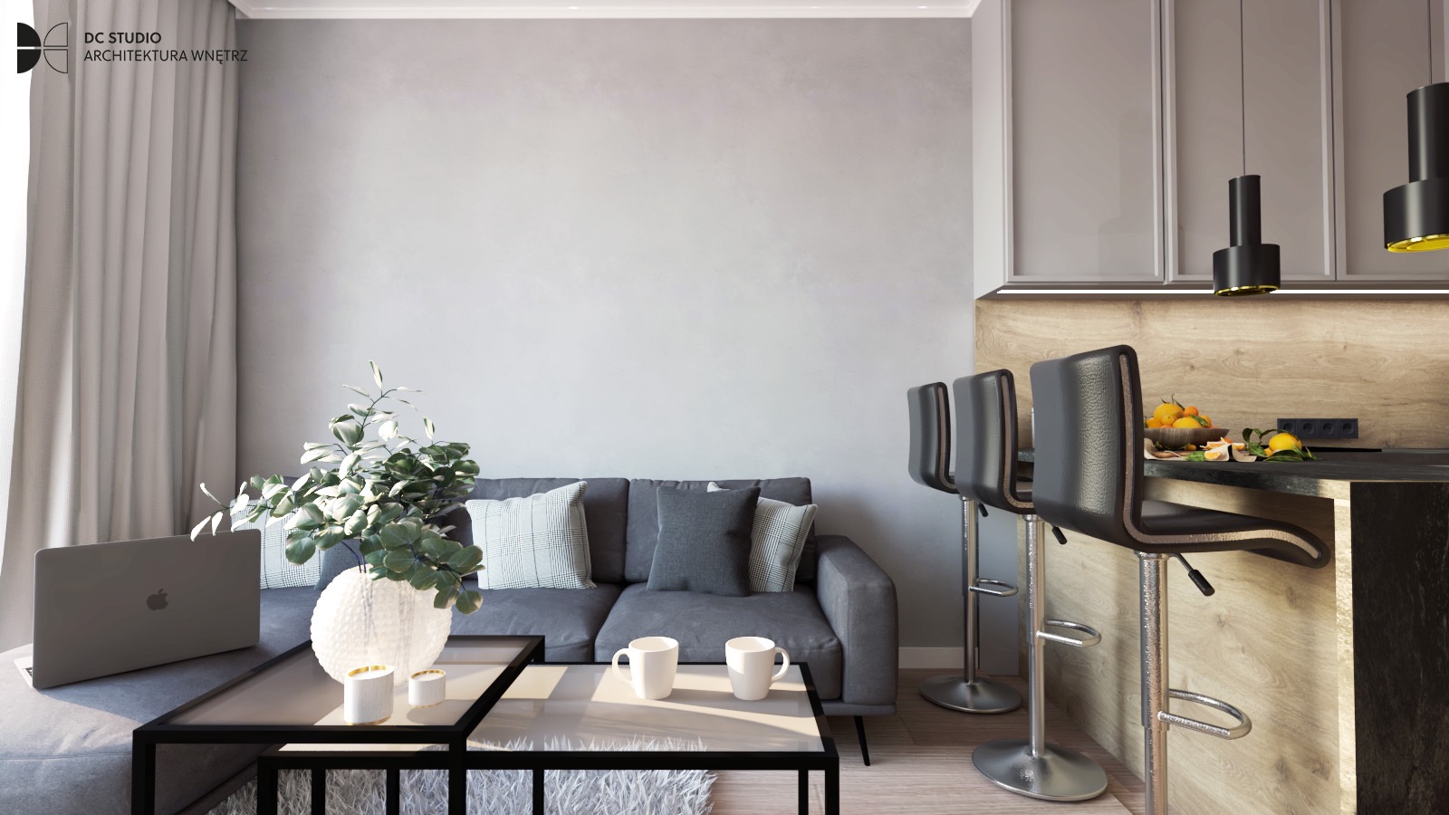Wizualizacja salonu z aneksem kuchennym: szara sofa z poduszkami, stoliki kawowe, biały dywan shaggy, laptop, dekoracyjna roślina w wazonie, hokery przy blacie kuchennym, oświetlenie punktowe.