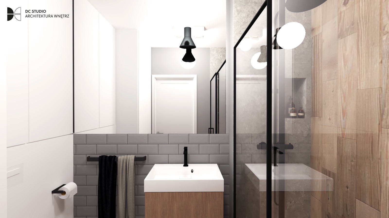 Nowoczesna łazienka z drewnianymi panelami ściennymi w kabinie prysznicowej, szarymi kafelkami nad umywalką i minimalistycznym oświetleniem, widok na lustro z odbiciem drzwi i lampy.