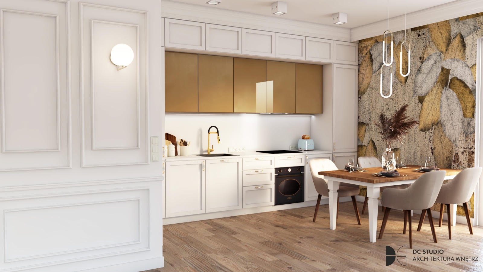Wizualizacja nowoczesnej kuchni z jadalnią: białe szafki z złotymi frontami, drewniany stół z beżowymi krzesłami, designerskie lampy wiszące i tapeta z motywem liści.