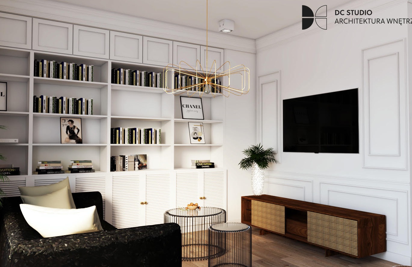 Elegancki salon w bieli i czerni z wbudowaną biblioteczką, nowoczesnym oświetleniem wiszącym, telewizorem na ścianie i dekoracyjnymi stolikami kawowymi.