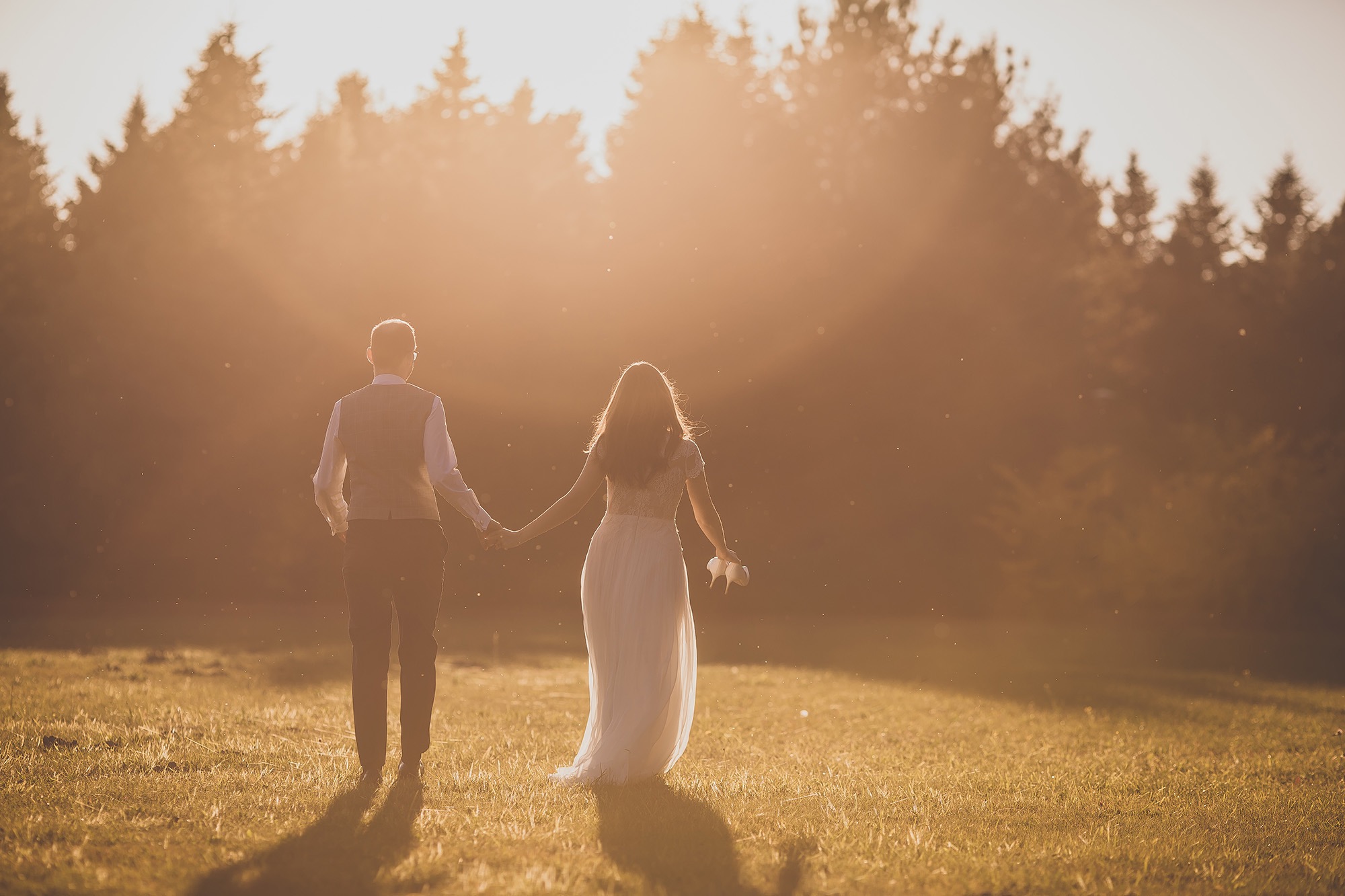 Para młoda idzie przez pole w promieniach zachodzącego słońca, ona trzyma buty w ręku, widok z tyłu.