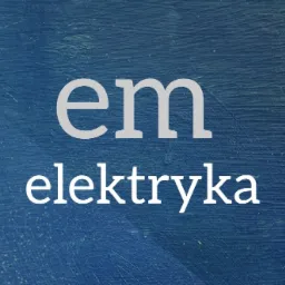 Niebieskie tło z napisem 'em' u góry i 'elektryka' poniżej, oba słowa w kolorze białym.