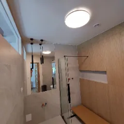 Nowoczesna łazienka z kabiną prysznicową typu walk-in, oświetleniem punktowym i drewnianą ścianą dekoracyjną z wnęką.