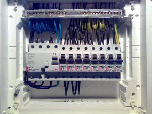 Rozdzielnica elektryczna z zamontowanymi bezpiecznikami i podłączonymi przewodami w kolorach niebieskim, czarnym, żółto-zielonym, umieszczona w białej obudowie.