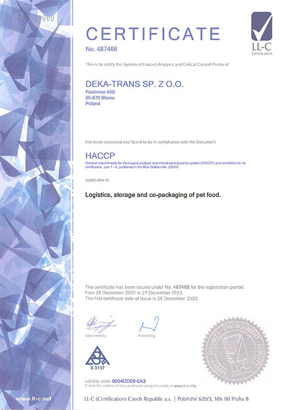 Skan certyfikatu HACCP firmy Deka-Trans Sp. z o.o. z adresem w Błoniu, potwierdzający zgodność z wymogami dla logistyki, magazynowania i pakowania karmy dla zwierząt.