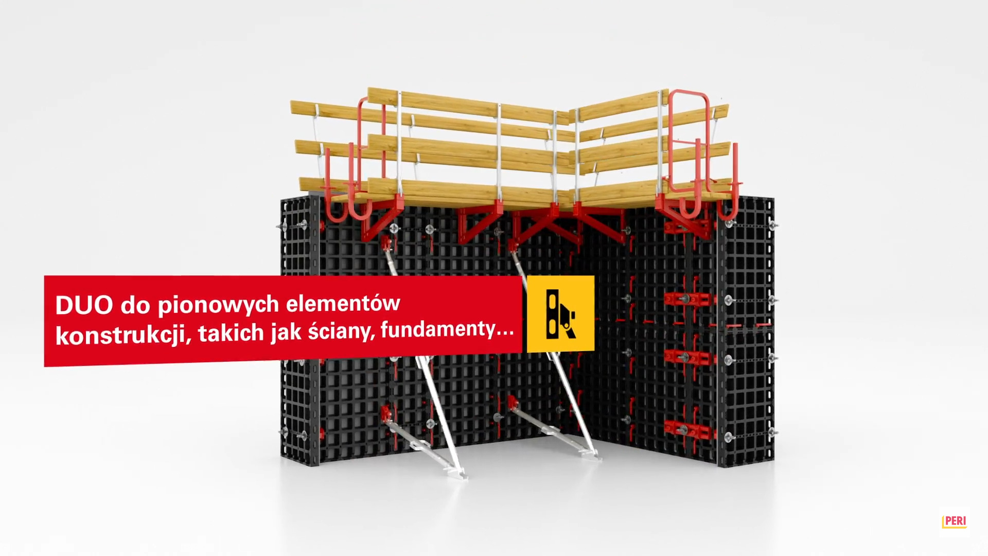 System szalunkowy do pionowych elementów konstrukcyjnych, czarne panele z czerwonymi łącznikami i drewnianą konstrukcją wsporczą, na białym tle.