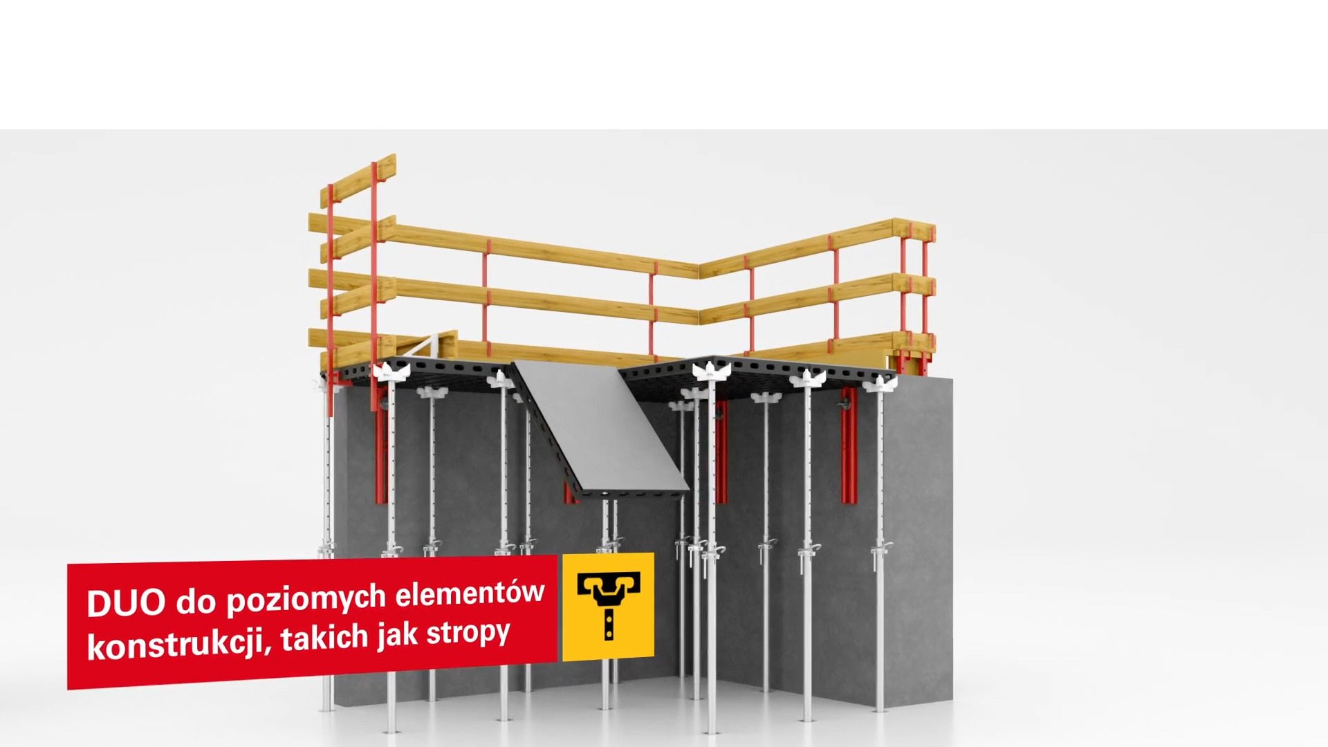 Wizualizacja szalunku stropowego z podporami teleskopowymi i drewnianymi elementami wzmacniającymi, na białym tle.