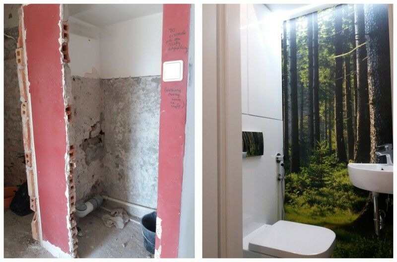 Porównanie stanu łazienki przed i po: surowe ściany z cegłą i instalacjami kontra wykończona toaleta z fototapetą leśną, białą ceramiką i zabudową.