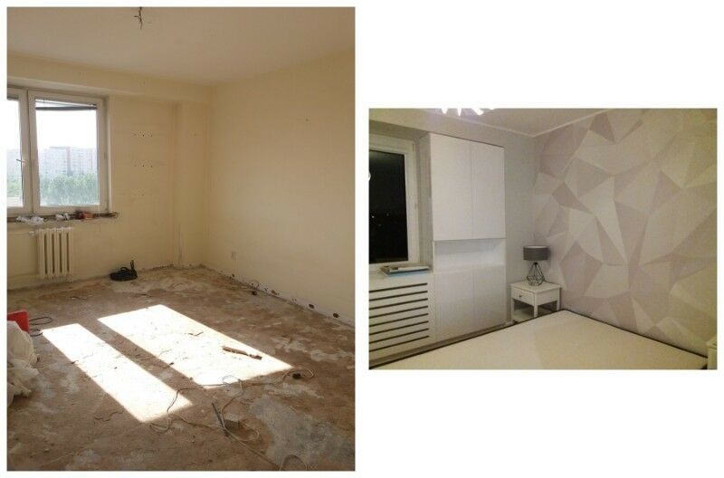 Zdjęcie typu 'przed i po' przedstawia pokój przed i po zmianach: po lewej pokój w trakcie przygotowań do remontu z odsłoniętą podłogą i surowymi ścianami, po prawej wyremontowany pokój...